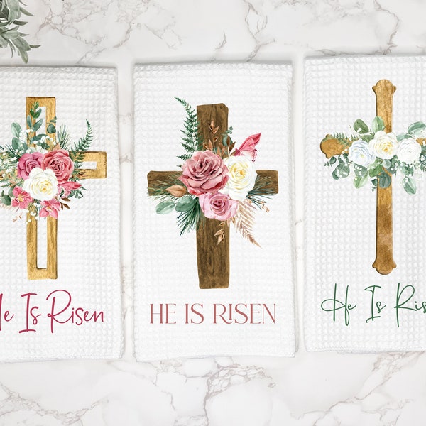 Easter Kitchen Towel | He Is Risen | Hallelujah | Cross | Floral | Easter Decor | Farmhouse | Hand Towel | Dish Towel | Tea Towel | Gift