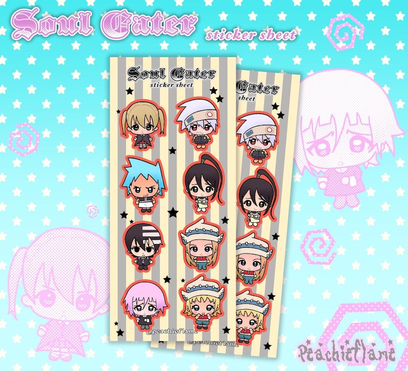 May include: A Soul Eater sticker sheet featuring various chibi-style character illustrations. The stickers are arranged on a vertical beige and gray striped background decorated with black stars. The text Soul Eater sticker sheet is printed at the top.