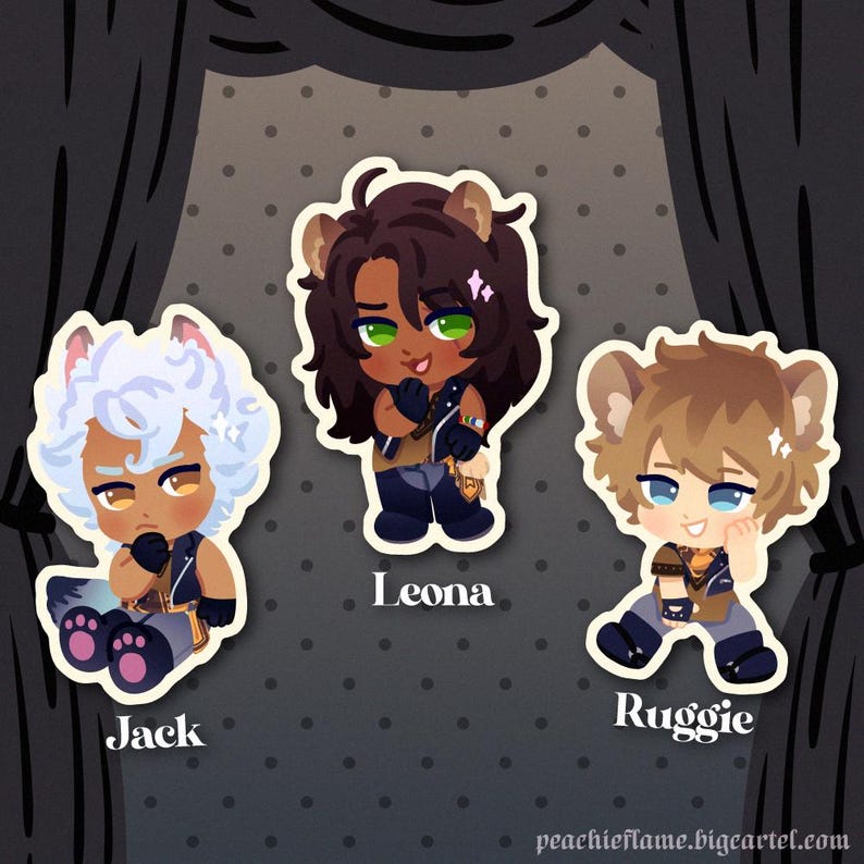 May include: Three cartoon character stickers with light yellow outlines. The characters are a wolf with white fur and blue eyes, a lion with brown fur and green eyes, and a hyena with brown fur and blue eyes. The stickers are on a gray background with white polka dots. The text 'Jack', 'Leona', and 'Ruggie' are below each sticker.