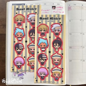 May include: Two rectangular sticker sheets featuring the Soul Eater logo and various chibi-style anime characters. The sheets have a vertical beige and grey striped background with small black stars. Each character has a red border outline.