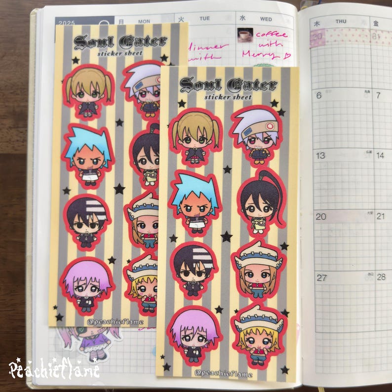 May include: Two rectangular sticker sheets featuring the Soul Eater logo and various chibi-style anime characters. The sheets have a vertical beige and grey striped background with small black stars. Each character has a red border outline.
