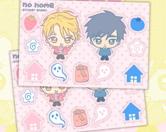 May include: A sticker sheet titled no home sticker sheet featuring two chibi-style characters with blonde and dark hair, accompanied by icons of a strawberry, blueberry, two ghosts, a pink gift box, and two house shapes in pink and blue colors.