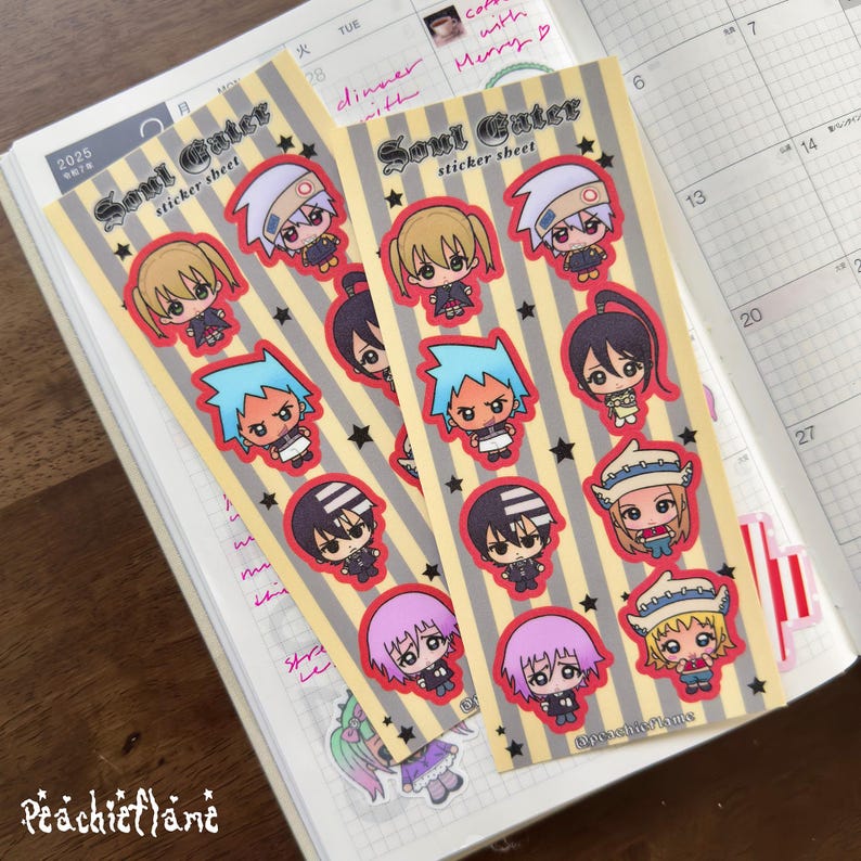 May include: Two vertical sticker sheets featuring Soul Eater anime characters. The sheets have a beige and gray striped background with black stars. Each sheet displays various chibi-style character illustrations with red borders and the text Soul Eater.