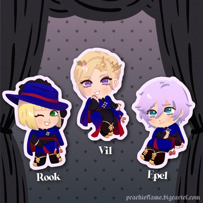 Puede incluir: Tres pegatinas de personajes de dibujos animados con Rook, Vil y Epel del anime Twisted Wonderland. Cada pegatina est&aacute; sobre un fondo blanco con el nombre del personaje impreso debajo.