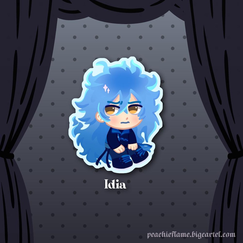 Puede incluir: Un personaje de dibujos animados azul y negro con cabello azul y una expresi&oacute;n preocupada. El personaje lleva una chaqueta negra y zapatos azules. El personaje est&aacute; etiquetado como "Idia".