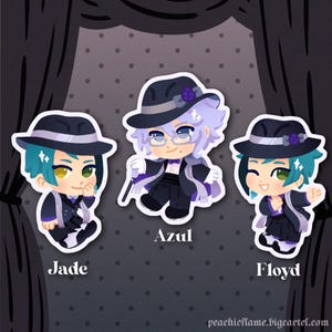 Puede incluir: Tres personajes de dibujos animados con cabello y ropa de diferentes colores. Los personajes llevan sombreros negros y est&aacute;n de pie sobre un fondo de lunares blanco y negro. El texto "Azul", "Jade" y "Floyd" est&aacute; escrito debajo de cada personaje.