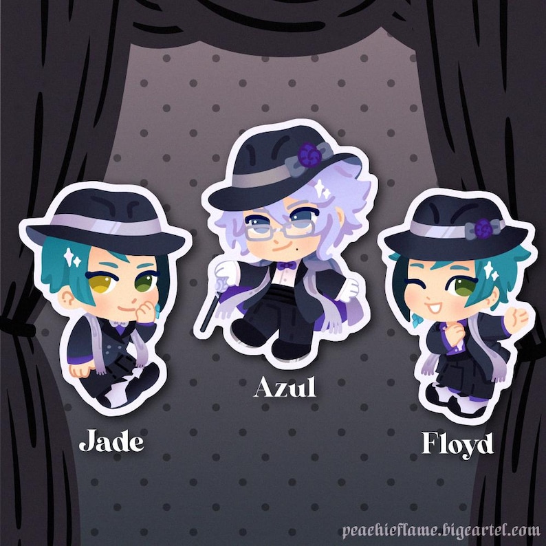 Puede incluir: Tres personajes de dibujos animados con cabello y ropa de diferentes colores. Los personajes llevan sombreros negros y est&aacute;n de pie sobre un fondo de lunares blanco y negro. El texto "Azul", "Jade" y "Floyd" est&aacute; escrito debajo de cada personaje.