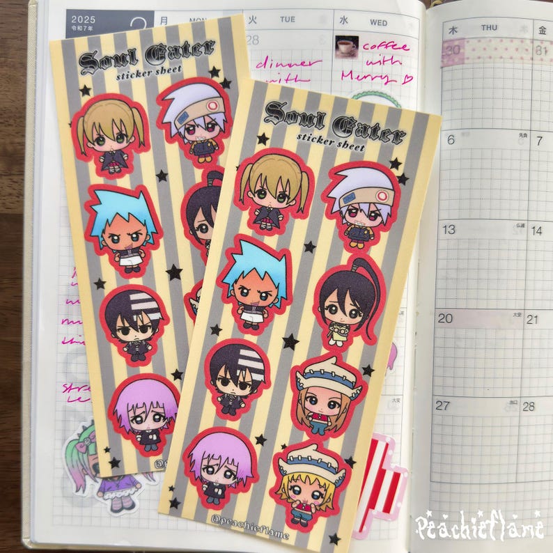 May include: Two vertical sticker sheets featuring chibi-style anime characters from Soul Eater. Each sheet has a beige and grey striped background with black stars and the text Soul Eater sticker sheet printed at the top in a gothic font.