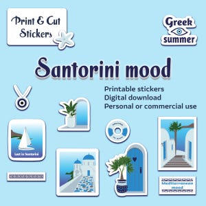 Autocollants imprimables de Santorin, décoration de voyage d'été grec, clipart île bleu et blanc, téléchargement numérique pour le scrapbooking et la journalisation