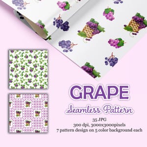 Digital paper, seamless patterns with watercolor grapes, printable paper, for personal and commercial use