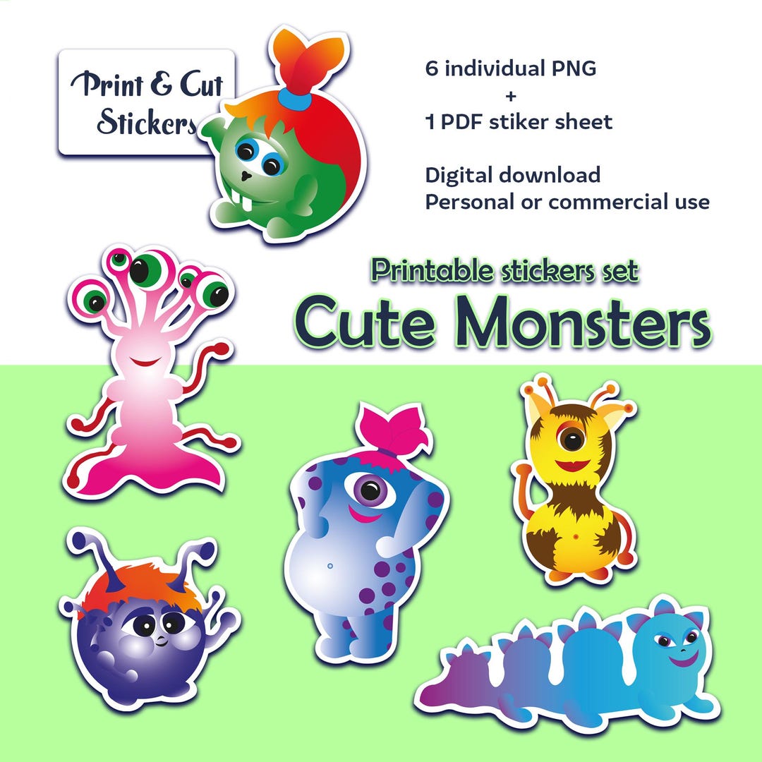 Printable Cute Monster Stickers, Kids Sticker Pack, 6 PNG + 1 PDF Sheet ...