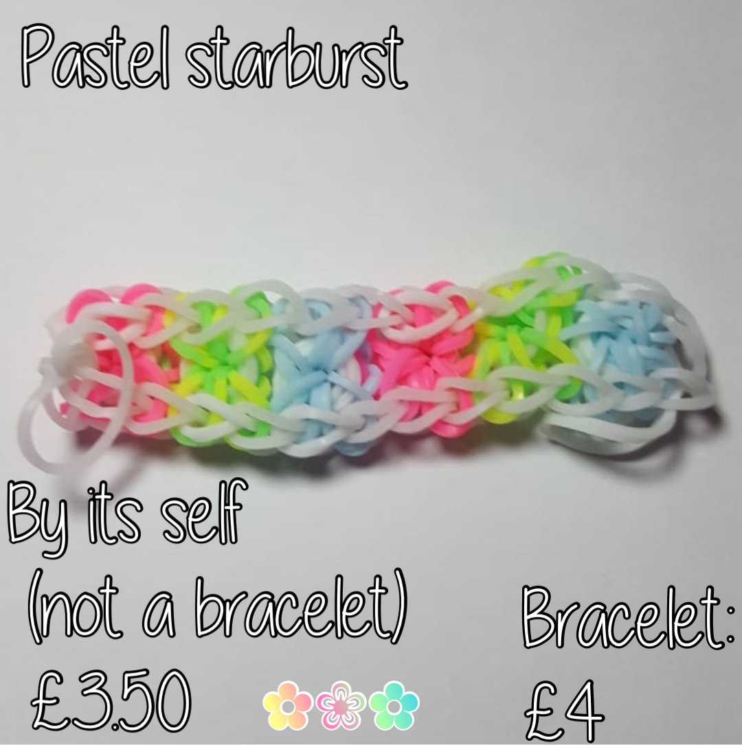 Starburst rainbow loom bracelets | Rainbow loom charms, Rainbow loom  bracelets, Rainbow loom creations
