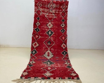 Moroccan Wool Runner: Vintage Red Geometric Kilim (9x3 ft)