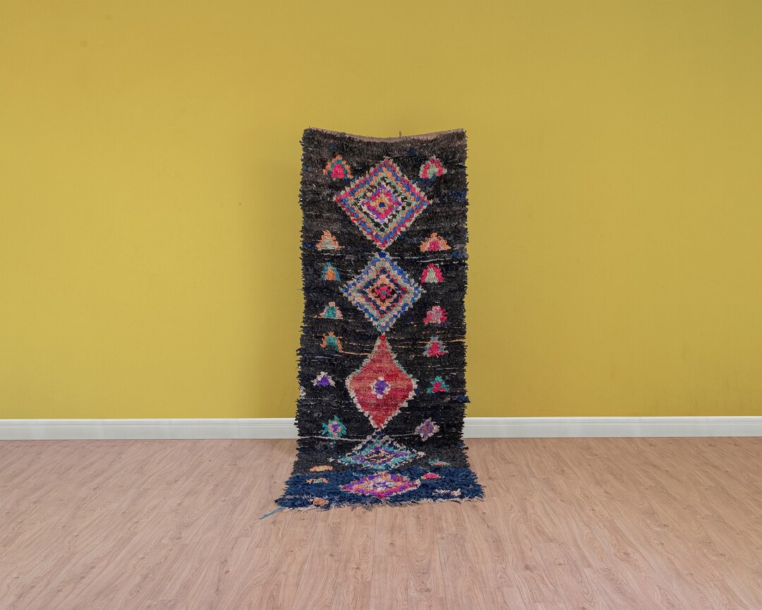 Black Vintage Rag Moroccan Rug, Boucharouite Handmade Carpet, Colorful