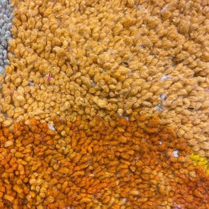 The image is a close-up of a textured surface with a mix of orange, yellow, and gray colors. The surface appears to be a carpet or rug with a variety of textures and patterns.