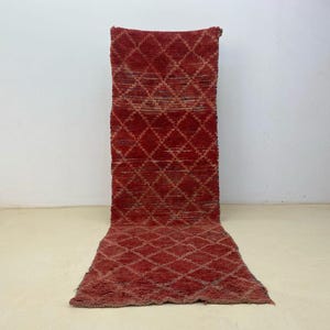 Red Beni Ourain Runner, Handwoven Wool Rug, Tribal Pattern Decor, Berber Artisan Carpet, Soft Texture, Fair Trade Luxury