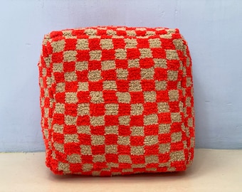 Moroccan Red Pouf-Luxurious Wool Pouf-Fabulous Pouf-Amazing Checkered Pouf-Custom Pouf-Bohemian Decoration-Unique Checkered Pouf