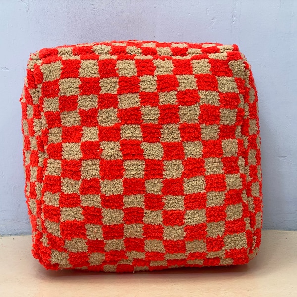 Moroccan Red Pouf-Luxurious Wool Pouf-Fabulous Pouf-Amazing Checkered Pouf-Custom Pouf-Bohemian Decoration-Unique Checkered Pouf