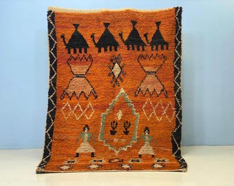 Orange Beni Ourain Rug: Soft Shaggy Wool, Handmade Moroccan Carpet