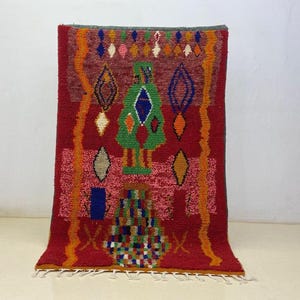 Red Beni Ourain Rug, Handmade Wool Carpet, Berber Bohemian Area Rug, Moroccan Shaggy Wool, Rustic Living Room Decor, Bedouin Atlas Style