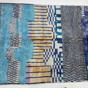 a vibrant, multicolored rug with a geometric pattern of stripes, zigzags, and geometric shapes in various shades of blue, black, and white.