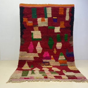 Red Moroccan Wool Carpet, Bohemian Style Rug, Hand Knotted Wool, Colorful Boujaad, Soft Shaggy Texture, Durable Indoor Area Rug