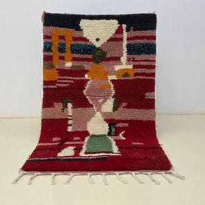 Red Geometric Rug, Custom Beni Ourain, Moroccan Wool Carpet, Hand Knotted, Bohemian Living Room Decor, Soft Shaggy Texture