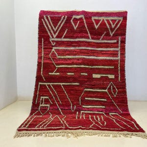 Red Beni Ourain Rug, Custom Area Rug, Washable Wool Carpet, Bedouin Inspired Design, Soft Plush Texture, Hand Knotted Moroccan Carpet