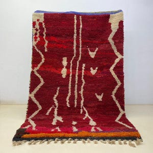 Moroccan Carpet Red And White, Washable Wool Rug, Bohemian Living Room, Handwoven Texture, Custom Geometric Design, Soft Shaggy Luxury