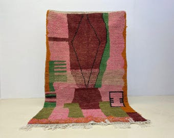 Beni Ourain Rug: Pink Geometric Pattern - Hand Knotted Wool