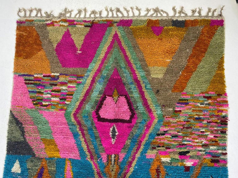The image is a vibrant and colorful rug with a geometric pattern, featuring a variety of shapes and colors such as pink, green, blue, and orange.