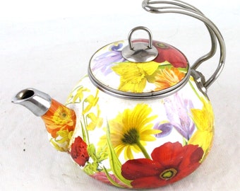 Vintage Pioneer Woman Flower Garden 2.3qt Enameled Steel Teapot Kettle 2819PLF