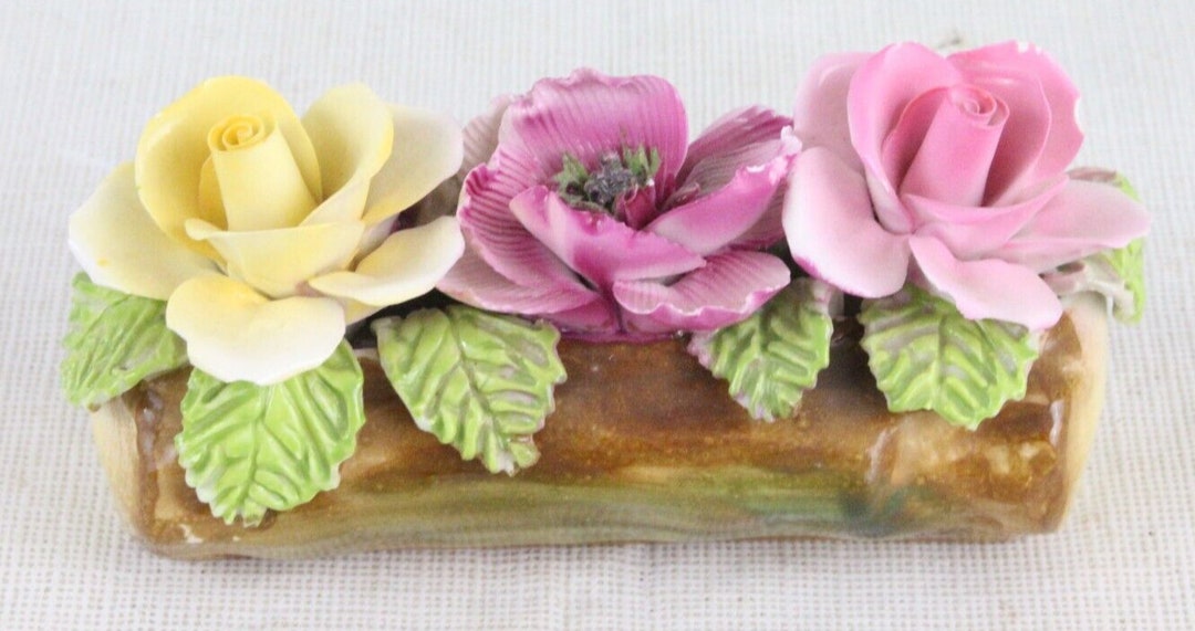 Thorley England Bone China Rose Flowers on Log / Tree Trunk Etsy