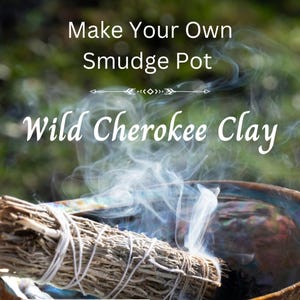 May include: A smudge pot made from wild Cherokee clay with a smoldering bundle of sage inside. The pot is brown and has a rustic look. The smoke from the sage is rising up and out of the pot. The background is a blurred green.
