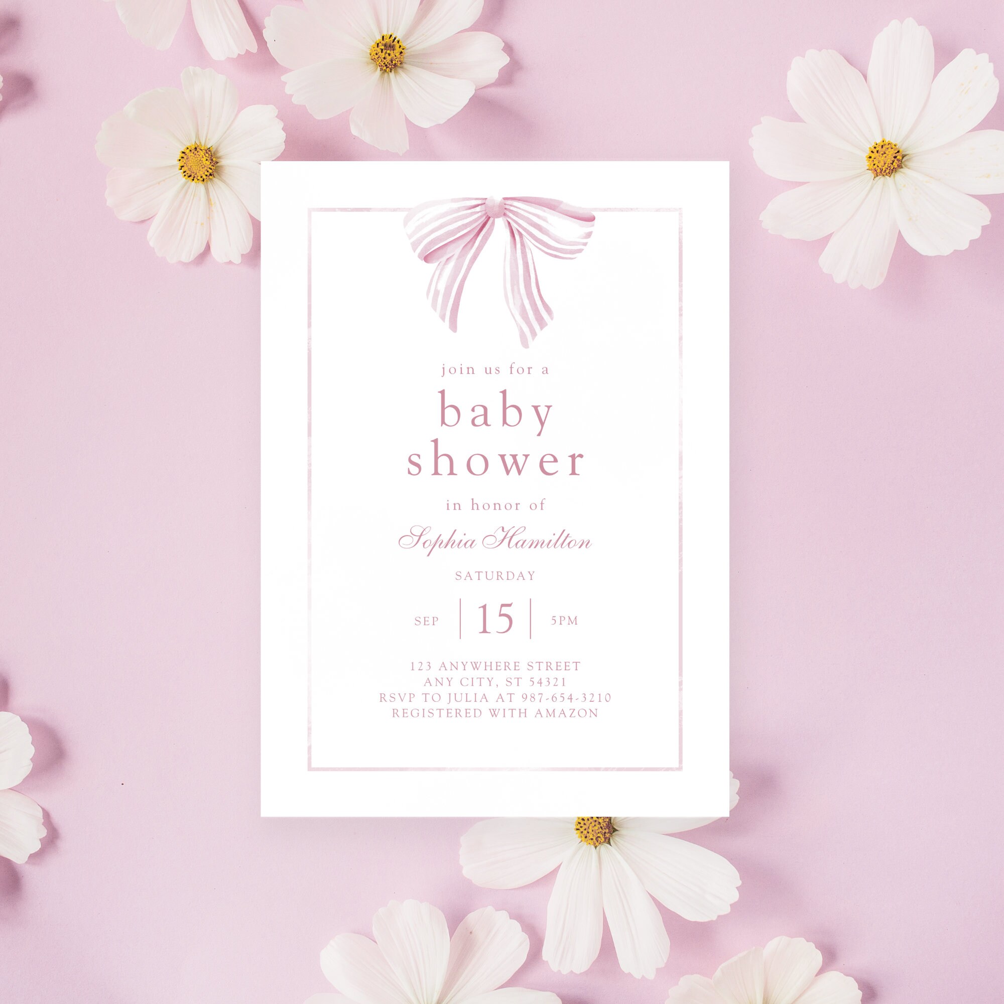 Pink Bow Baby Shower Invitation Template, Editable Pink Girl Baby ...