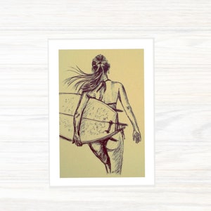 Tarjetas de surf girl - Surf - Surfer girl - Yoga - Playa - Bienestar - Tabla de surf - Monocromo - Yogi - A6 - Tarjeta de felicitación - Cornwall