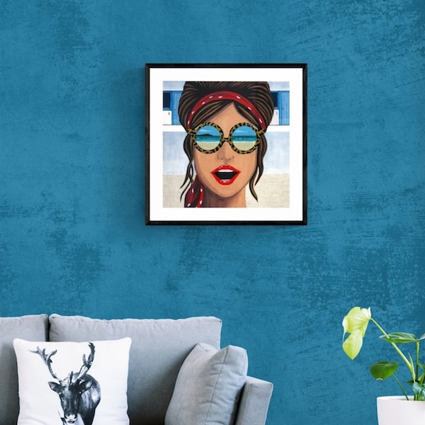 Limited Edition print - Eyes on Tolcarne - Pop Art - Beach scene - Made in Cornwall - Sunglasses - Red lips - Headscarf - Wall art - Newquay