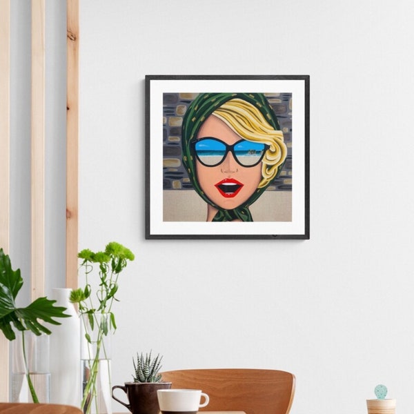 Vintage woman portrait print - Eyes on Towan - Pop Art - Beach - Cornwall - Sunglasses - beach house decor - Art Deco - Red lips - Blonde