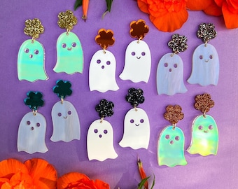 Geist Ohrringe, Groovy, Baumeln Ohrringe, Halloween Ohrringe, Spooky Saison, Pumpkin Spice, Statement Ohrringe, Herbst, Acryl, Blumenohrring