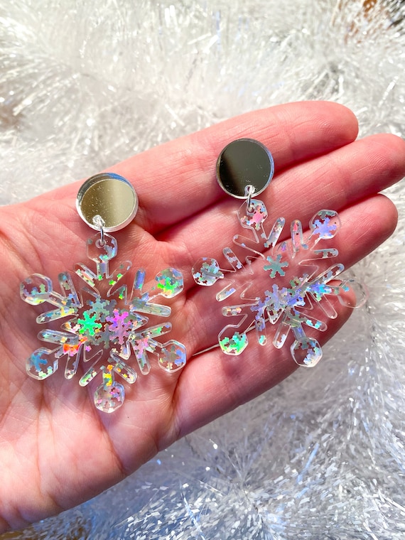 Snowflake Sparkle Earrings Holographic Winter Christmas Earrings Acrylic Dangle Best Friend Gift Laser Cut Etsy