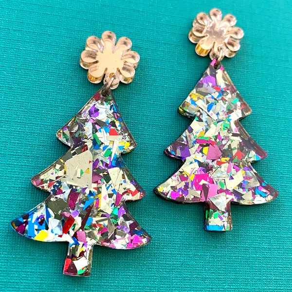 Confetti Christmas Earrings, Christmas Tree Earrings, Groovy, 60s flower power, laser cut earrings, Retro Christmas, Best Friend Gift