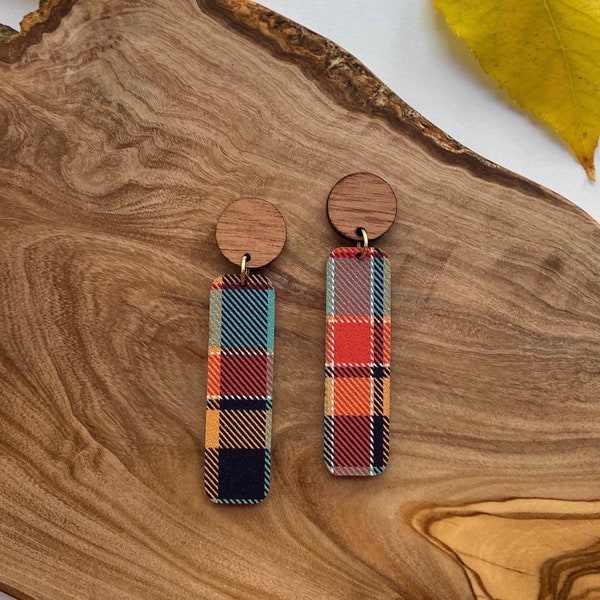 Plaid dangle earrings, fall earrings, cute earrings, sweater weather, bar earrings, retro aesthetic, wood earrings