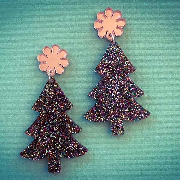 Pink Christmas Earrings, Glitter, Christmas Tree Earrings, Groovy, 60s flower power, laser cut earrings, Retro Christmas, Best Friend Gift