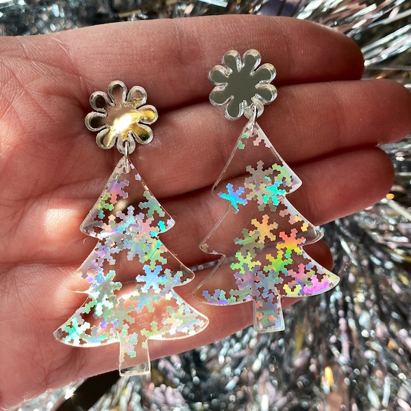 Cute Christmas Earrings, Holographic Acrylic, Dangles, Christmas Tree Earring, Holiday Gift, Groovy Flower, Retro Earrings