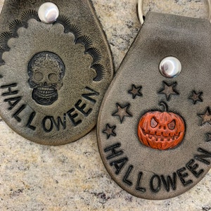 Handmade &quot;Halloween&quot; Jack O&#39; Lantern Skull Leather Keychain | Key Fob | Dave Matthews Band | Grey | Stamped | Painted | VegTan Leather