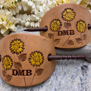 BOGO!!  Handmade Personalized Painted Sunflowers Leather Hair Stick Barrette | Yellow | Stamped | Painted | VegTan Leather
