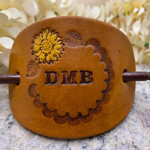 BOGO!! Handmade Personalized Sunflower Leather Hair Stick Barrette | Yellow | Stamped | Painted | VegTan Leather