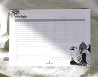 Monthly Habit Tracker & Goal Setting Printable A4 - Japanese Yokai - Karasu Tengu - Journalling support - ADHD friendly - Original Art