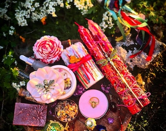 Grand coffret rituel BELTANE,box,cadeau,self-love,féminin sacré,déesse,cadeau,bougie,tourmaline,parfum,spelljar,encens,witchbox,cierge,witch