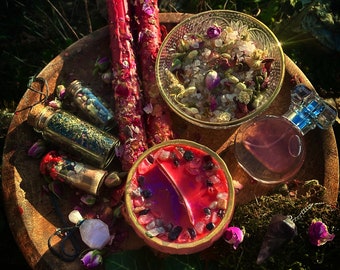 Coffret rituel VÉNUS,box,cadeau,self-love,féminin sacré,déesse,cadeau,bougie parfumée, pierre de lune rose,bio,parfum,spelljar,encens,witch